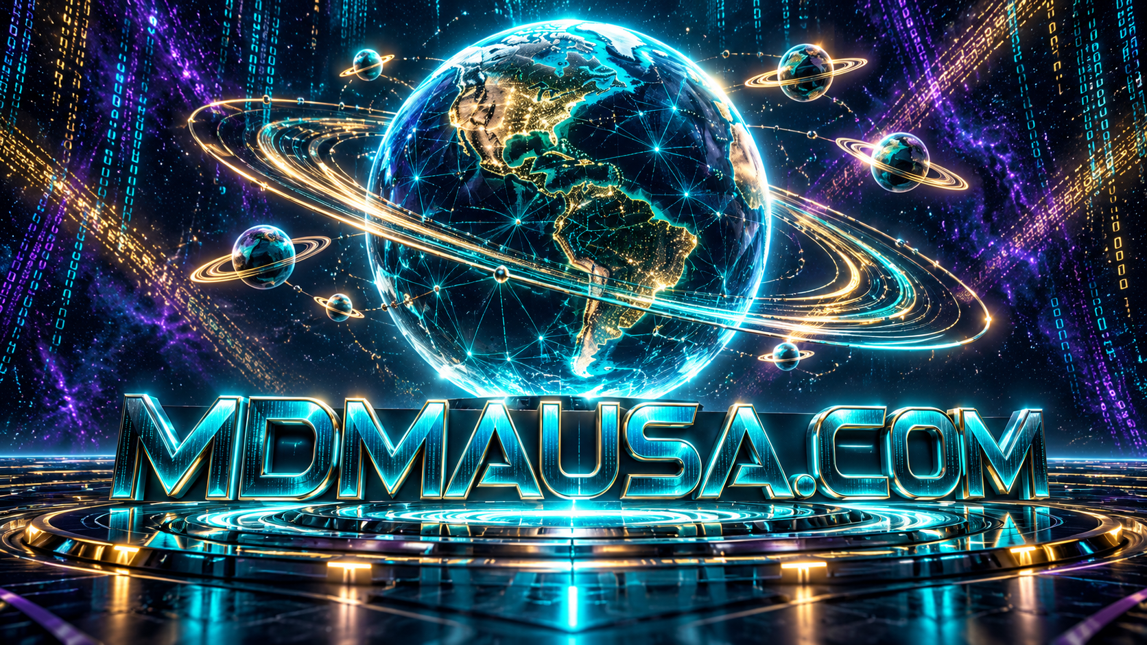 MDMAUSA.COM globe surrounded by seven Saturn-like planets and fluorescent orbital rings